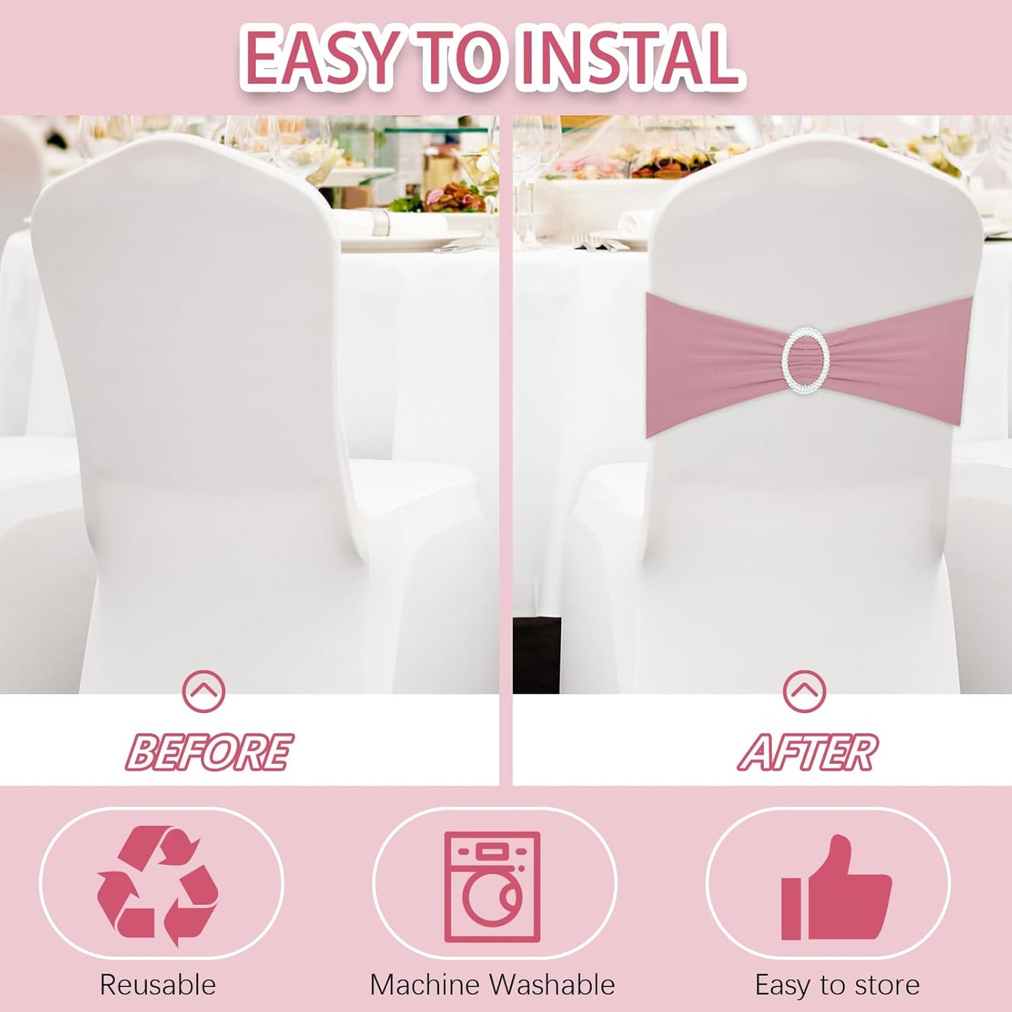 CHENGU 150 Pieces Spandex Stretch Chair Sashes Bows Elastic Chair Cover Bands Ties with Buckle Slider for Wedding Party Reception Events Universal Ceremony Banquet Decorations(Dusty Pink)