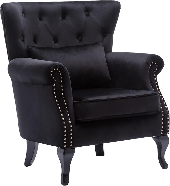 Set of 2 Mid-Century Modern Accent Chair, Velvet Armchair w/Tufted Back/Wood - Image 6