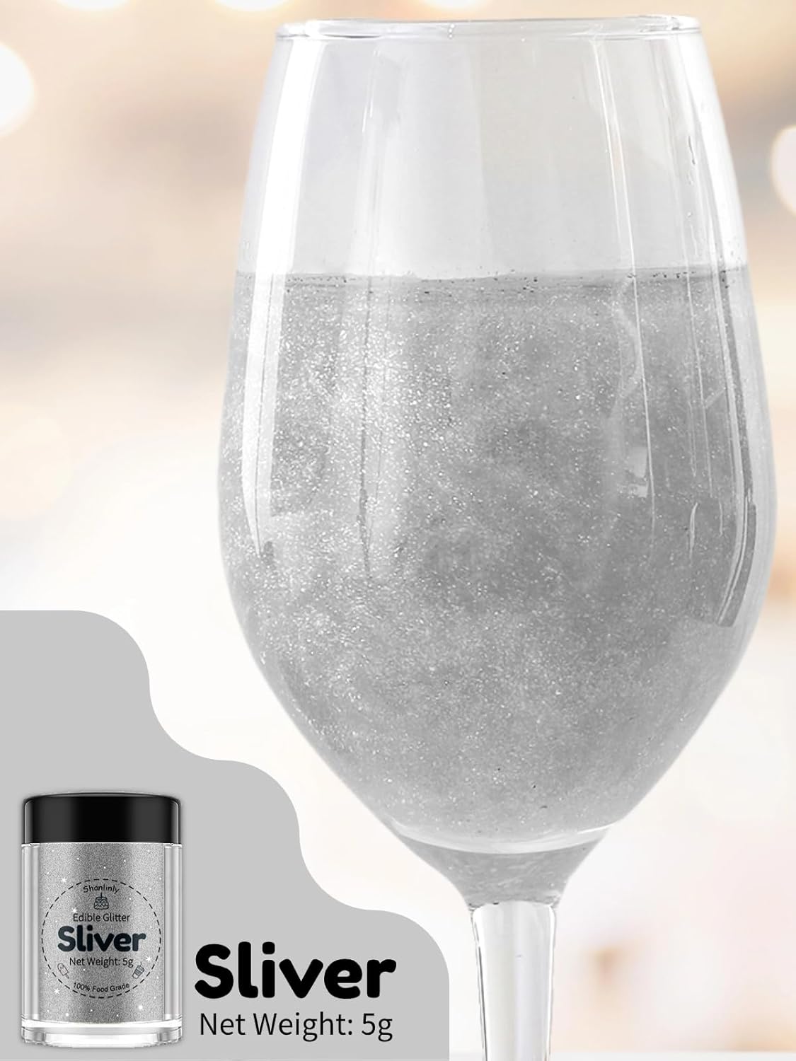 Shanlinly Silver Edible Glitter for Cakes Drinks - Food Grade 5g Shimmer Luster Glitter Dust Edible Glimmer Powders for Strawberries, Sprinkle on Sparkle, Chocolate, Cookie, Cupcake, Cocktail, Vegan