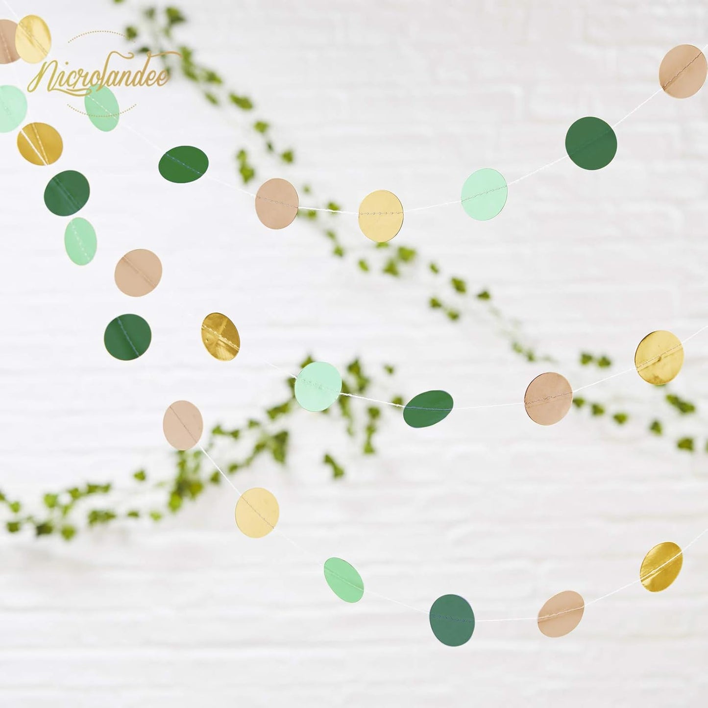 NICROLANDEE Wedding Party Decorations - 3 Pack Sage Green Dots Paper Garland String Hanging Backdrop for St Patricks Day Rustic Wedding, Neutral Baby Shower, Vintage Party, Birthday, Engagement