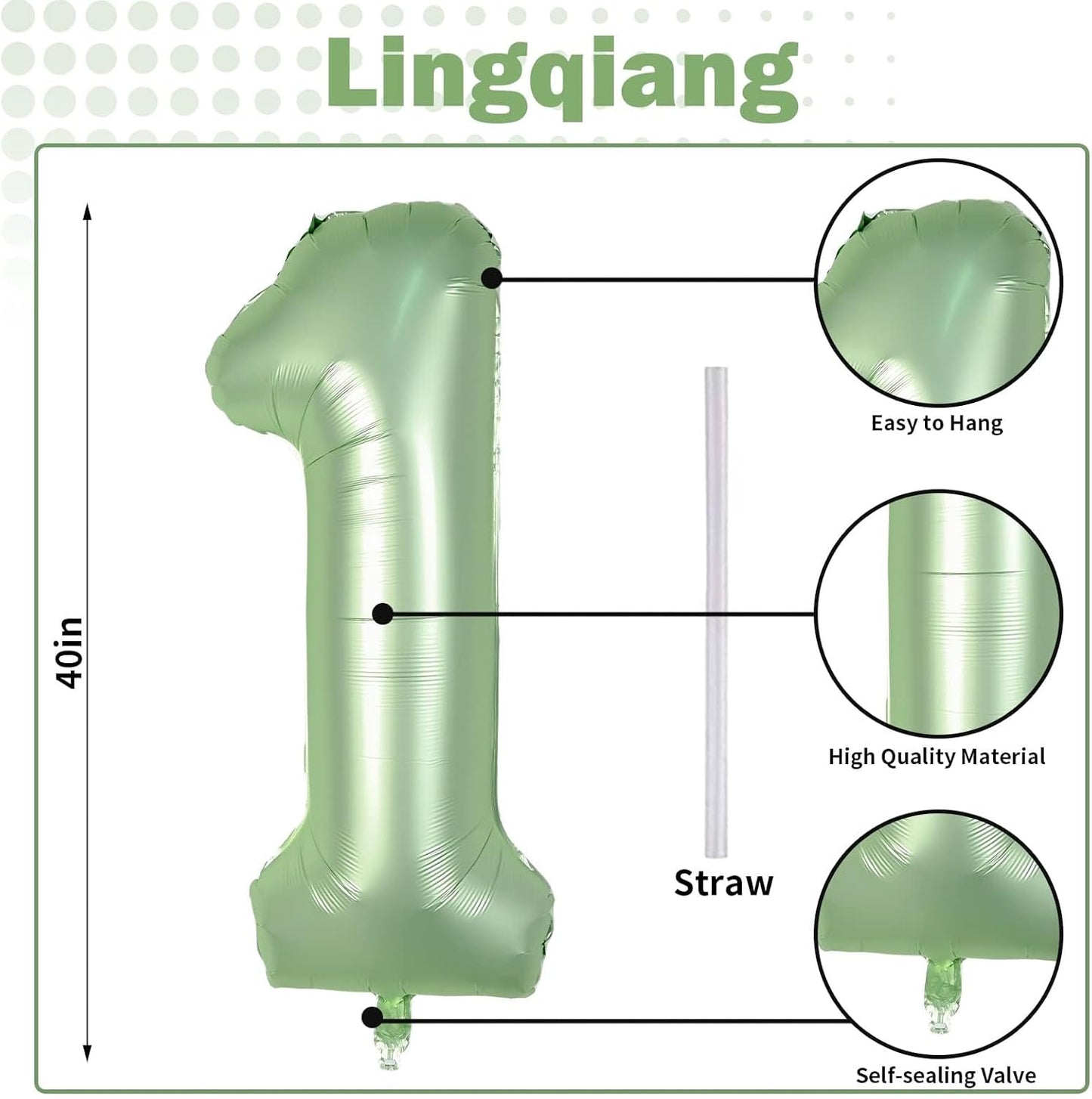 Sage Green 1 Balloons, 40 Inch Giant Olive Green Helium Foil Number 0-9 for Girls, Self Inflating 1st Birthday Balloon for Boys Women Anniversary Baby Shower Jungle Safari Party Decorations Supplies