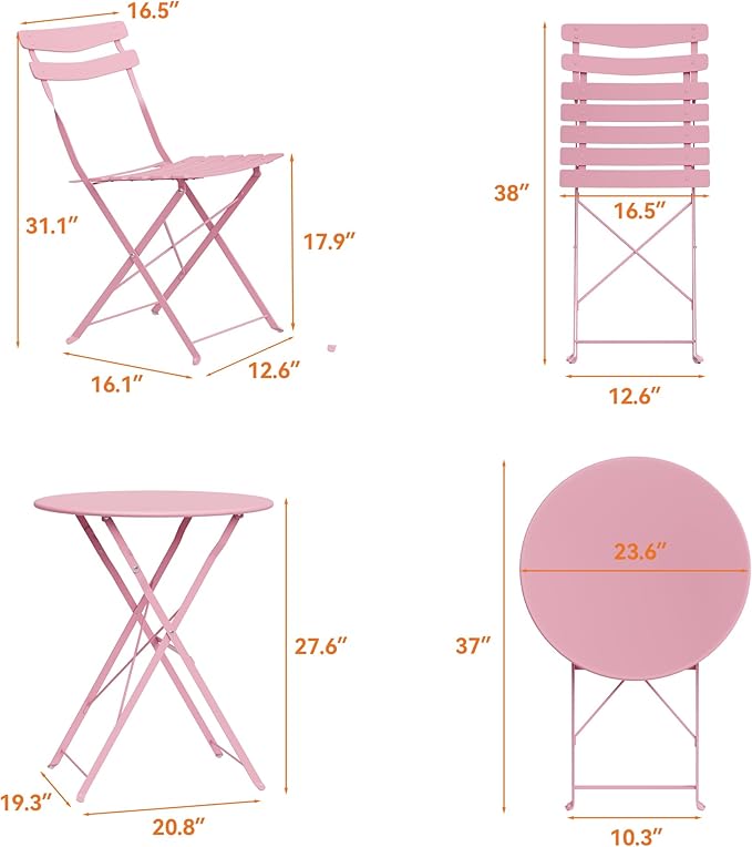 GarveeLife 3 Piece Patio Bistro Set, Folding Patio Bistro Table and Chairs Set - Image 8
