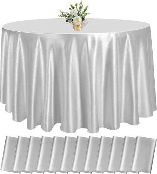 12 Pack 120 Inch Silver Satin Tablecloth - Premium Bright Silky Round Tablecloth Overlay Smooth Fabric Table Cover, Table Decoration for Wedding Party Banquet Events Restaurant Kitchen Dining
