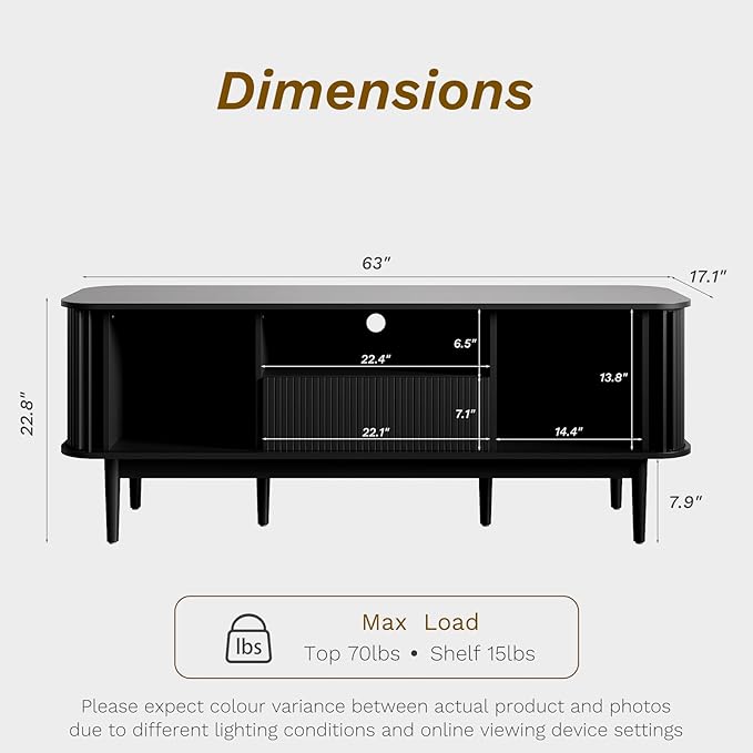 MAISONARIA 63" Black TV Stand, Fluted Entertainment Center - Image 3