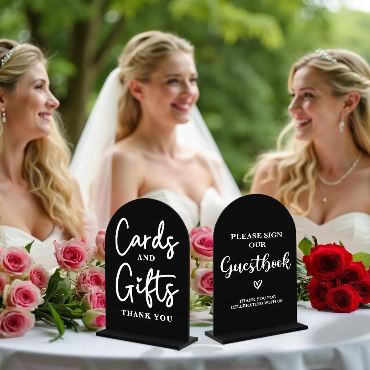 2 Pcs Acrylic Wedding Signs for Ceremony and Reception, Bridal Shower Decorations, Cards and Gifts Signs, Guest Book Sign, Arch Acrylic Table Top Sign with Holder for Wedding Reception (Black)