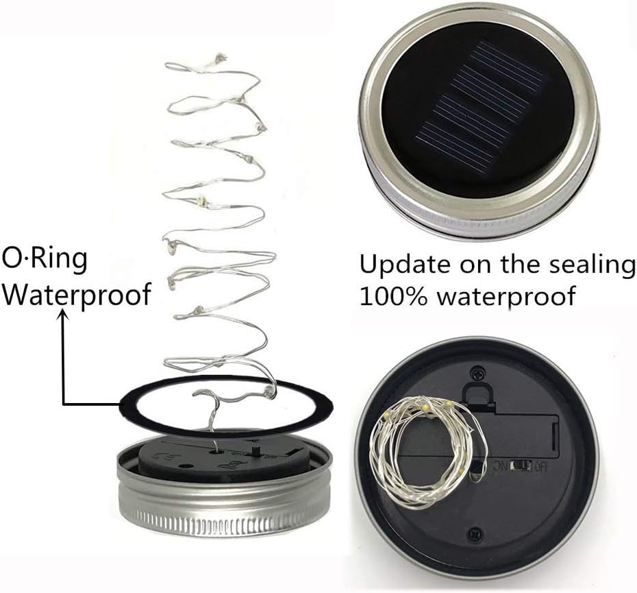 Solar Mason Jar Lights, 6 Pack 10 LED Jar Lid String Lights with 6 Hangers(No Jars), Waterproof Fairy Firefly Light for Garden, Patio, Outdoor, Yard, Lawn Decor(Warm White)