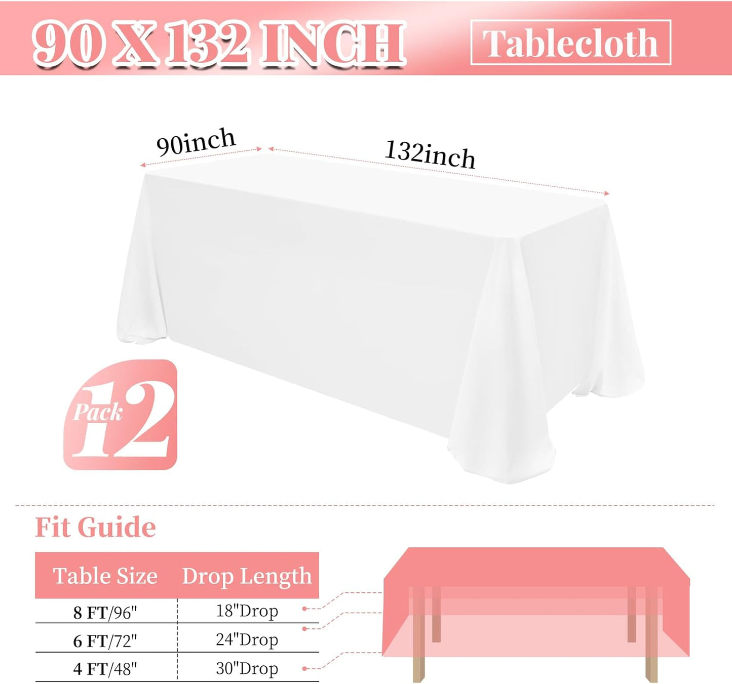 12 Pack Polyester Rectangle Tablecloth 90 x 132 Inch White Tablecloth for 6 Ft Rectangle Tables,Washable Fabric Table Covers Polyester Table Clothes for Wedding Parties Banque