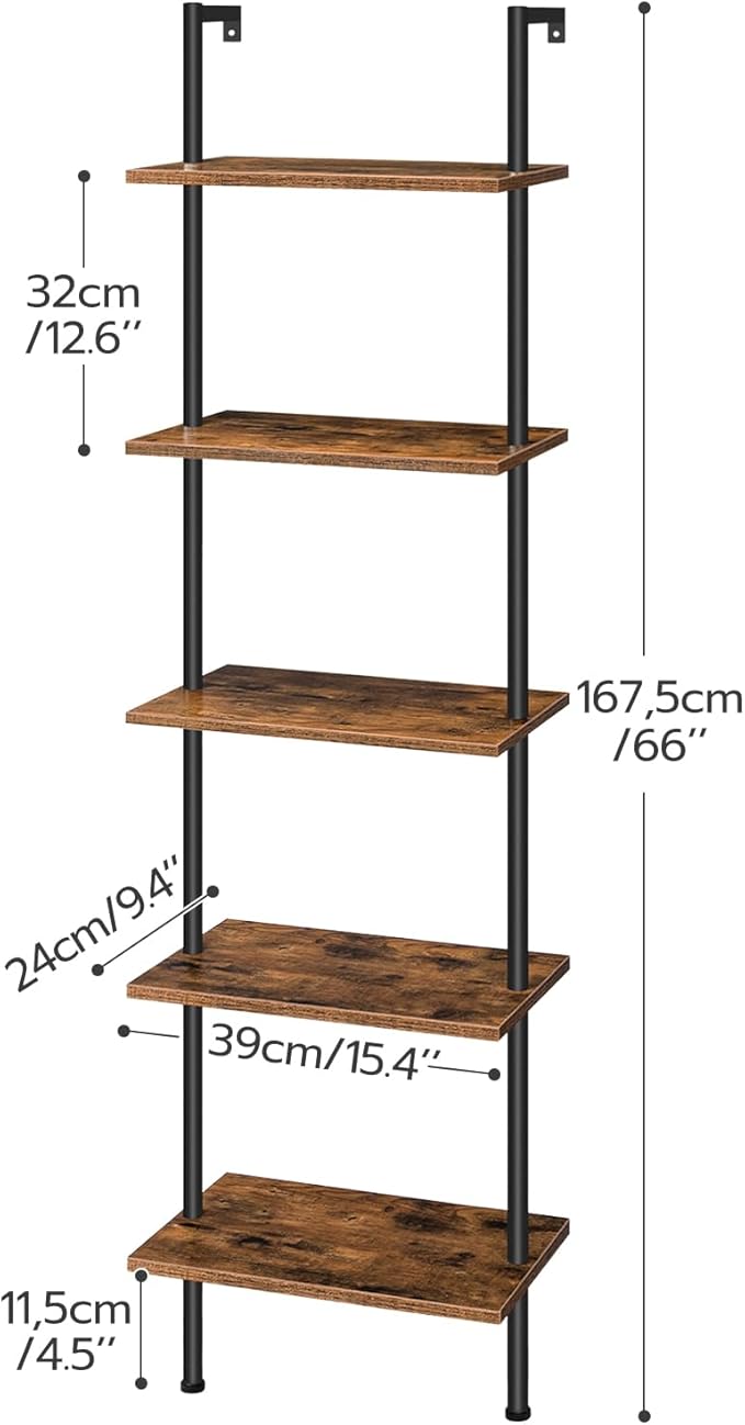 HOOBRO DIY Ladder Shelf, 5-Tier Wooden Wall Mounted Bookshelf, Narrow Bookcase - Image 3