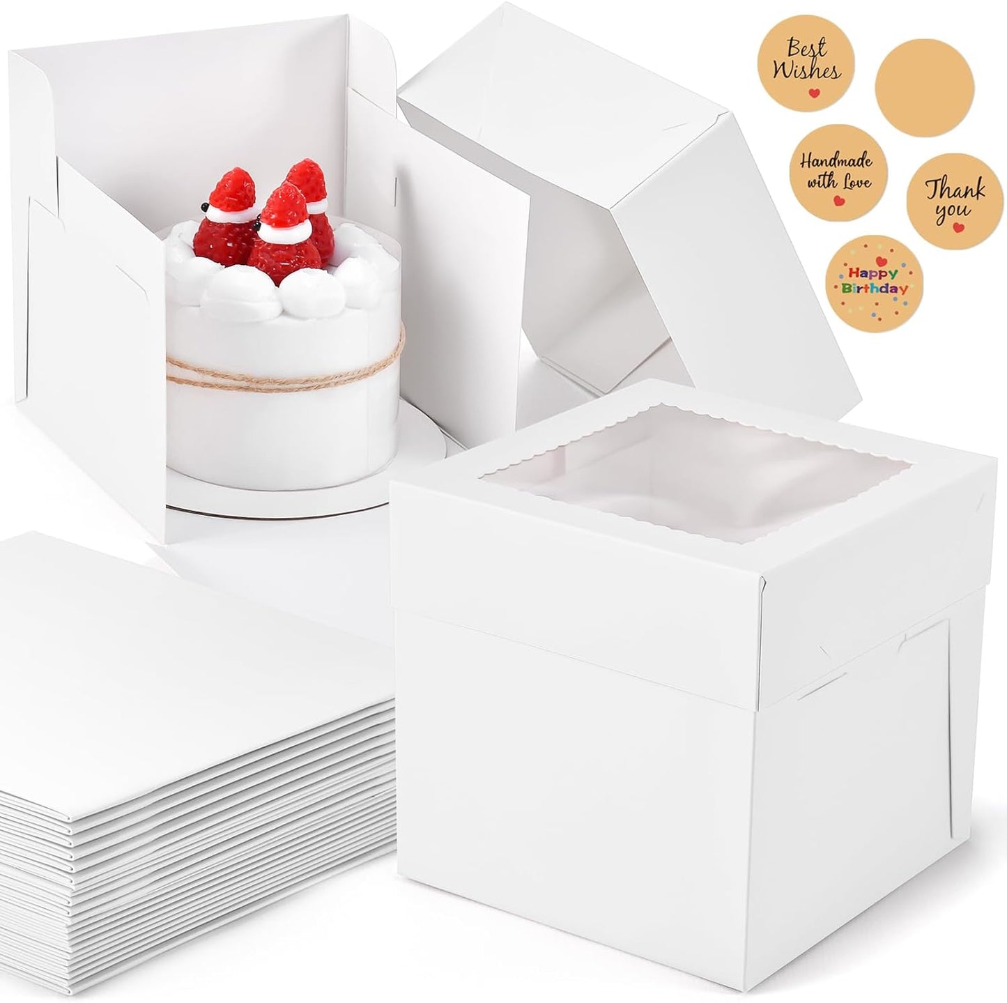 12Pcs 6x6x6 Inches Mini Cake Boxes, White Square Bakery Boxes with Window, Small Cake Containers for Pastries, Cookies, Chocolates, Cupcakes, Birthday Party Cajas Pasteles