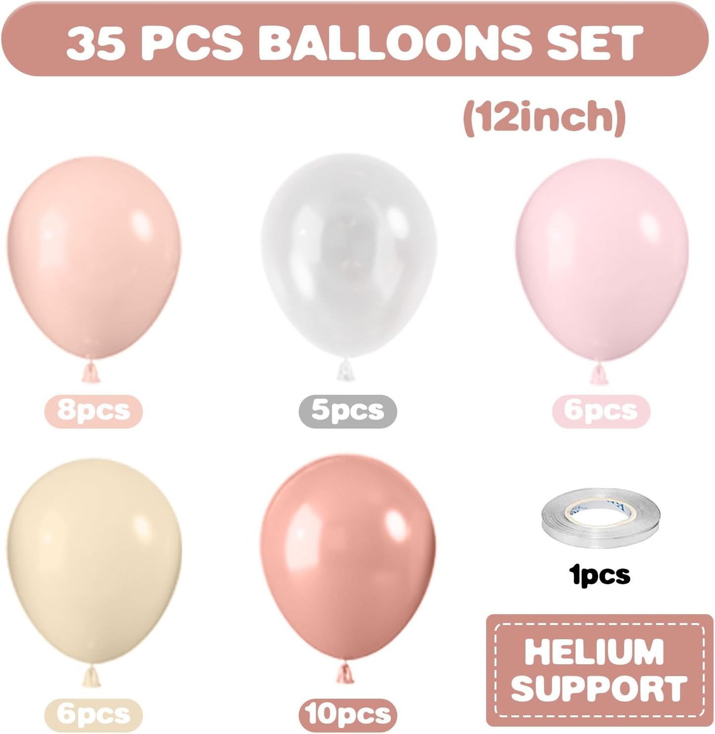 Dusty Pink Balloons, 12 Inch Pastel Pink Balloons, Blush Macaron Orange White Transparent Latex Balloon for Girl Baby Shower Gender Reveal Romantic Wedding Engagement Party Decorations