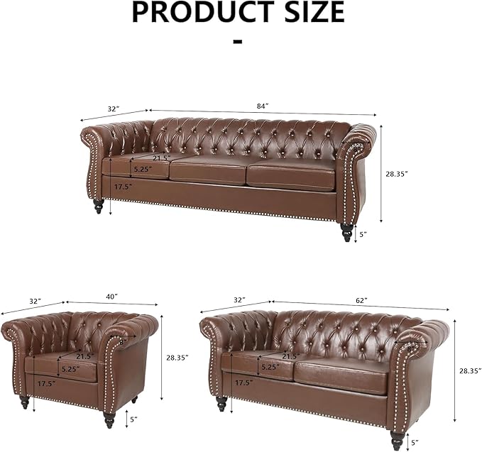 AVZEAR Chesterfield Leather Sofa 3 Seater Couch, Mid-Century Large Sofa Roll - Image 2