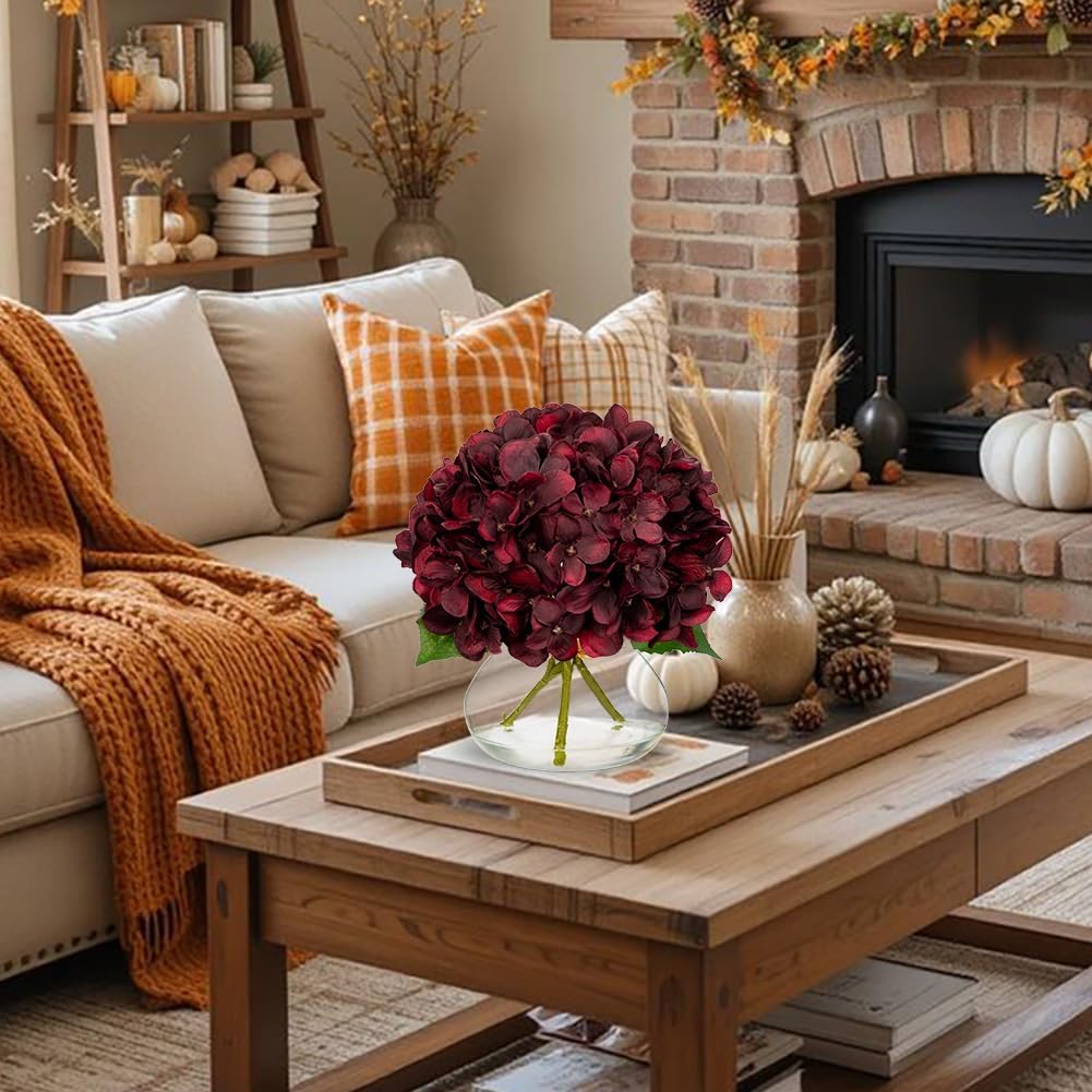 Hollyone Dark Red Fall Hydrangea Artificial Flowers for Decoration in Glass Vase Autumn Silk Faux Flower Arrangements with Faux Water Table Centerpiece Vase with Fake Flowers Fall Decorations for Home