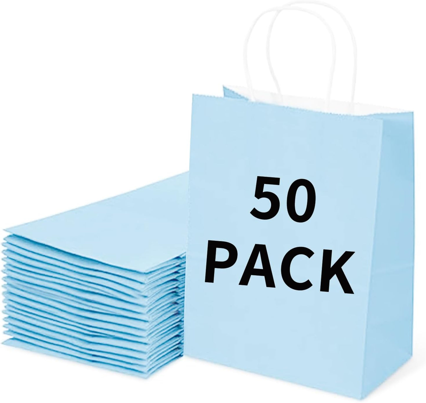 BAG BOX 50 Pack Small 5.9x3.1x8.25 Inch Blue Kraft Paper Gift Bags with Handles for Bulk Shopping, Retail, Craft, Party Favors, Wedding, Grocery & Sacks