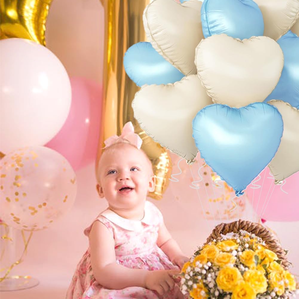 Baby White Heart Balloons，18 Inch Baby Blue Helium Foil Love Heart Shaped Balloons for Birthday Party Bridal Engagement Wedding Anniversary Baby Shower Valentines Decorations 12Pcs