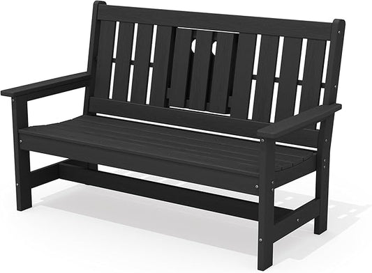 SERWALL Outdoor Bench with Cup Holder, Oversized 58" HDPE Porch Bench Suitable by SERWALL
