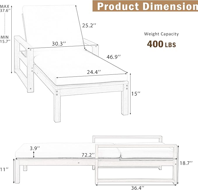 Outdoor Chaise Lounge Chair Set of 3, Patio Chaise Lounge Recliner - Image 2