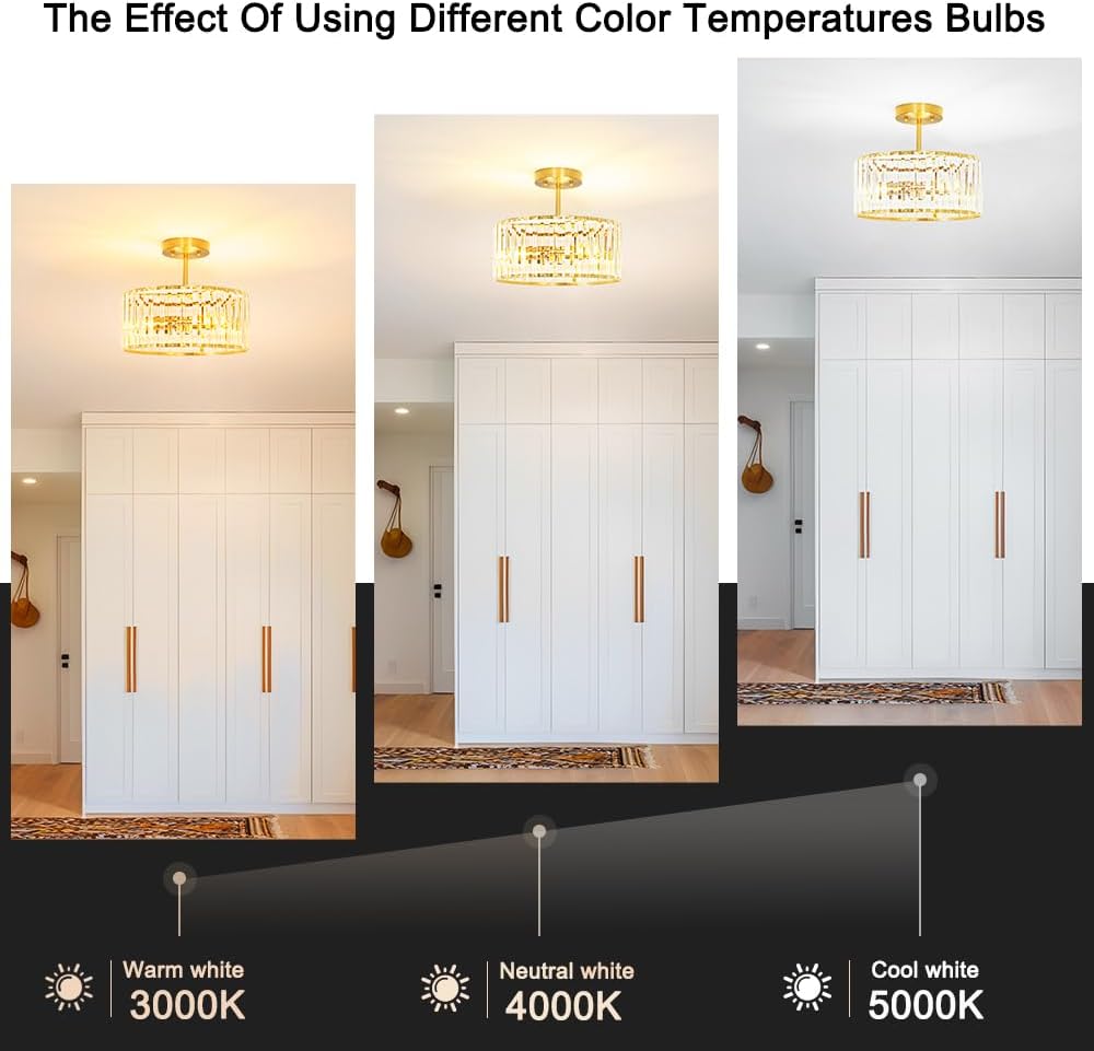 Modern Crystal Ceiling Light, Brushed Gold Semi Flush Mount Ceiling Lighting Fixture, Brass Hallway Light Fixtures Chandelier for Kitchen, Bedroom Dining Room Hallway Closet, 3-Light, 12 Inch