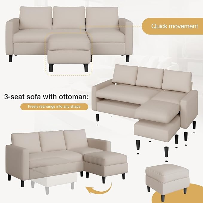 JAMFLY Sectional Sofa for Living Room, 3-Seat Reversible Couch - Image 4