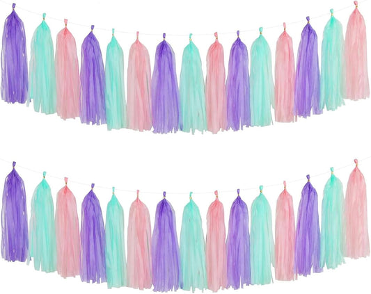 Pink Purple and Blue Tassel Garland Banner Paper Tassels for Birthday Party Decorations,Pack of 15