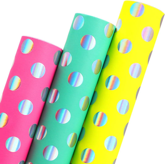 Ribbli Birthday Polka Dots Wrapping Paper Mini Roll, 3 Rolls Fluorescent Pink Aqua Yellow with Iridescent Foil Wrapping Paper for Kids Baby Shower - 17 inch x 120 inch(10feet) Per Roll