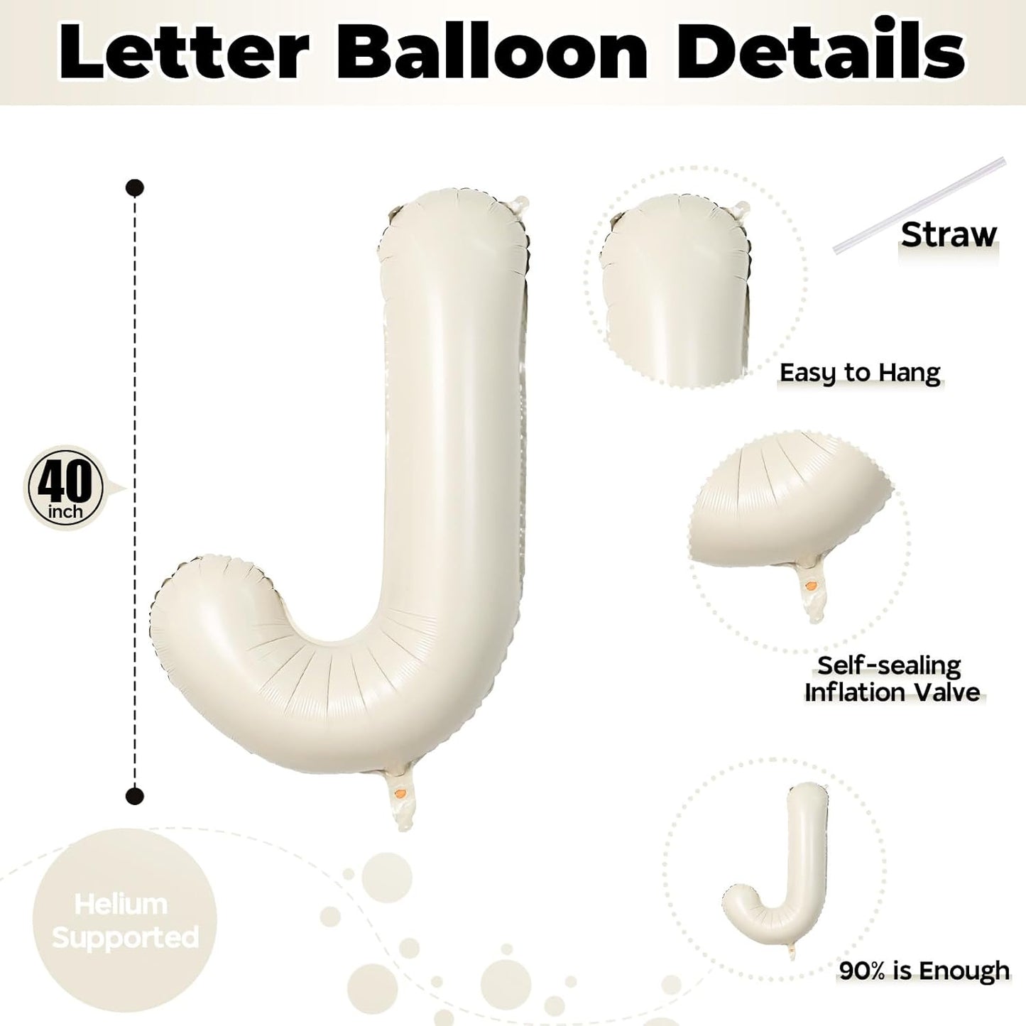 40 Inch Cream Letter Balloon, Big Alphabet J Foil Word Beige, Large Inflatable Name White Decor, Mylar Helium Custom for Women Birthday Party Decoration