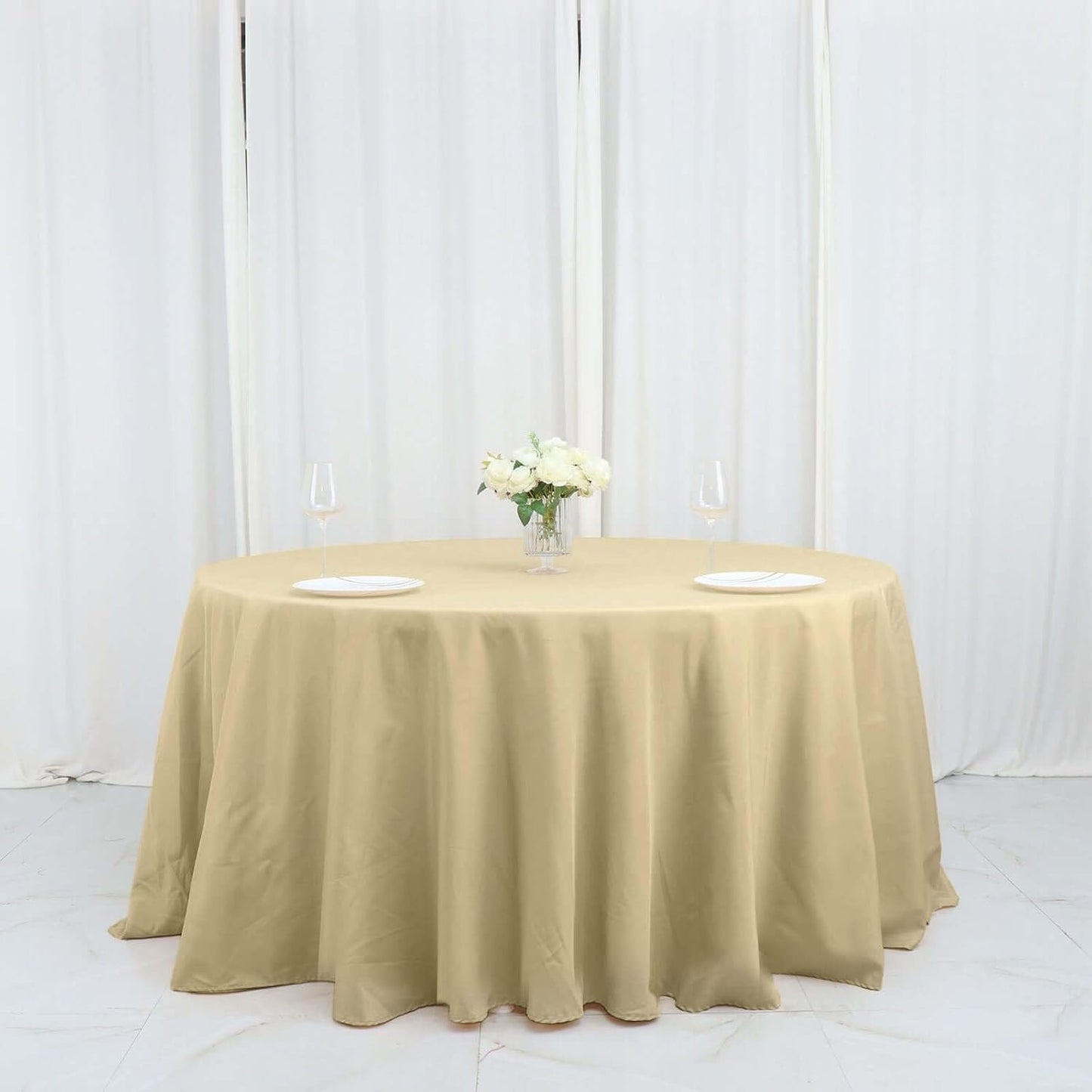Efavormart Round Tablecloth, 132 Inch Stain & Wrinkle Resistant Washable Table Cloth, Decorative Polyester Fabric Table Cover for Banquet, Wedding, Dining- Champagne