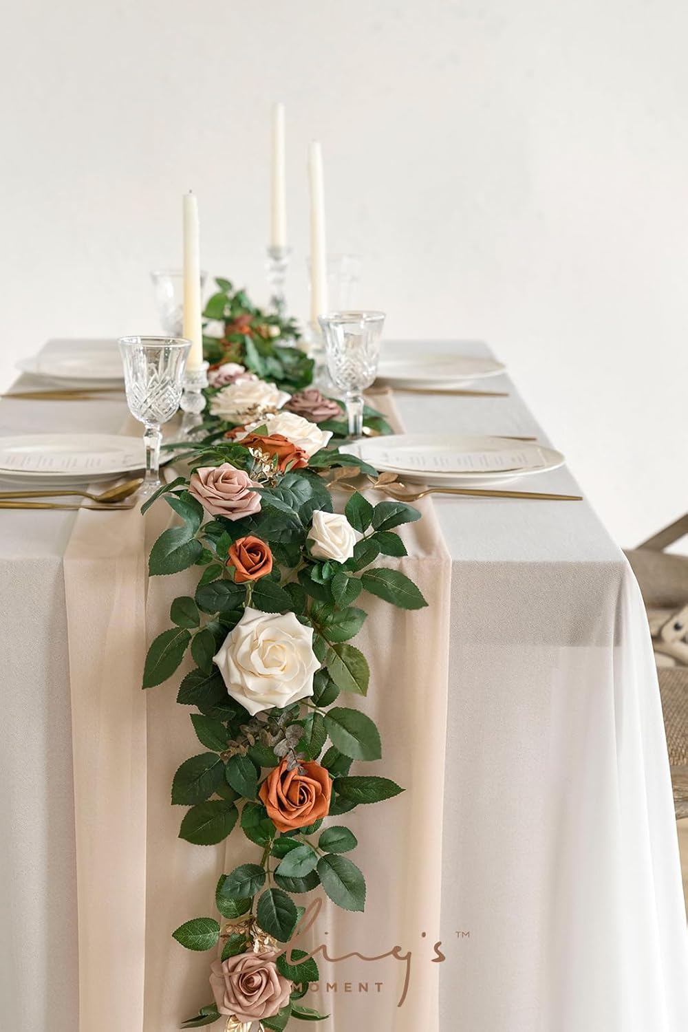 Ling's moment 5FT Artificial Flower Garland Rust Rose Leaves Floral Garland Ivory Arch Flowers Vine for Wedding Party Backdrop Decor Mantel Home Table Centerpieces Wall Decorations Terracotta