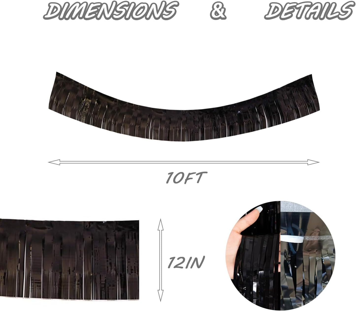 Black Foil Fringe Garland 10FT 6packs, Metallic Foil Tinsel Fringe Banners for Parade Float Decorations Wedding, Birthday Party Graduation (six Black)