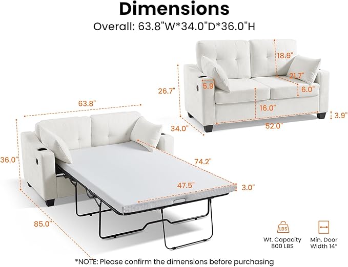 Full Size Pull Out Sleeper Sofa Bed, 2-in-1 Convertible Chenille Pull Out Couch - Image 3