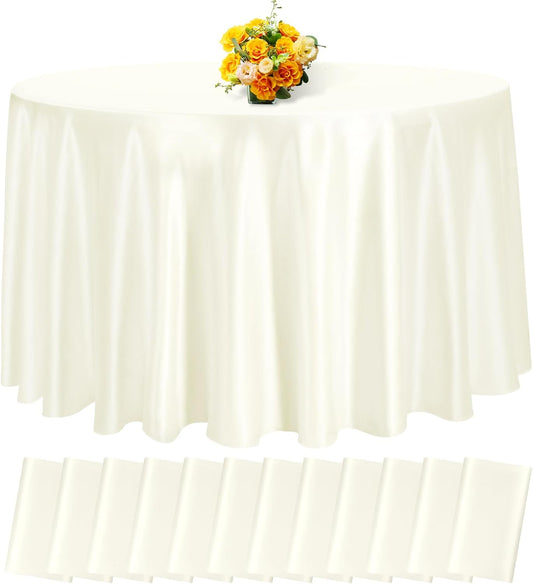 fani 12 Pack 120 Inch Ivory Satin Tablecloth - Premium Bright Silky Round Tablecloth Overlay Smooth Fabric Table Cover, Table Decoration for Wedding Party Banquet Events Restaurant Kitchen Dining