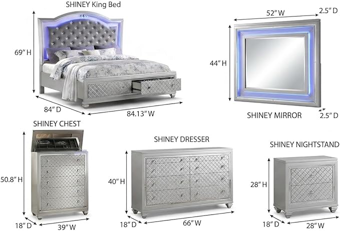 First of a Kind Shiney Contemporary 5 Piece King Bedroom Set High Gloss Silver - Image 9