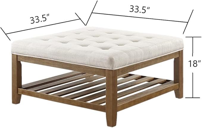 24KF Large Square Upholstered Tufted Linen Ottoman Coffee Table, Large Footrest - Image 2
