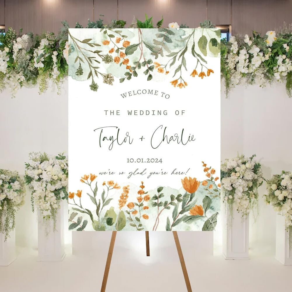 Wedding Sign, Floral Sage Green, Fall Leaves, 12x18, 18x27, 24x36 Inches, Plastic, Modern Nature, Free Standing, Indoor/Outdoor Decor
