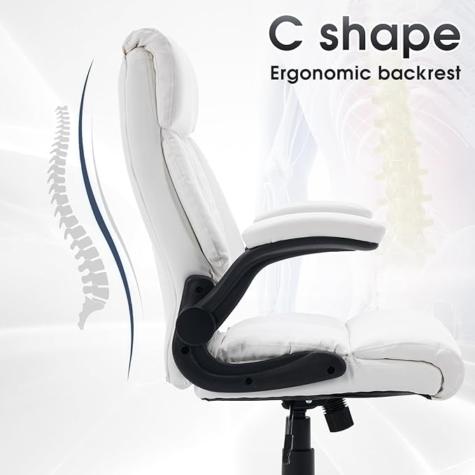 High Back Office Chair with Flip-up Armrests, Leather Comfy Desk Chair with - Image 4