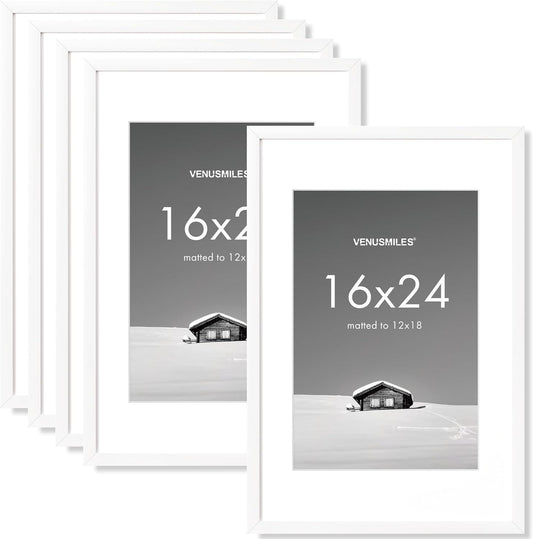 16x24 inch Picture Frame, 16x24 Photo Frames with 12x18 Removable Mat - High Definition Plexiglass - Vertical and Horizontal Display - Wall Hanging Poster Frame - White, 5 Pack