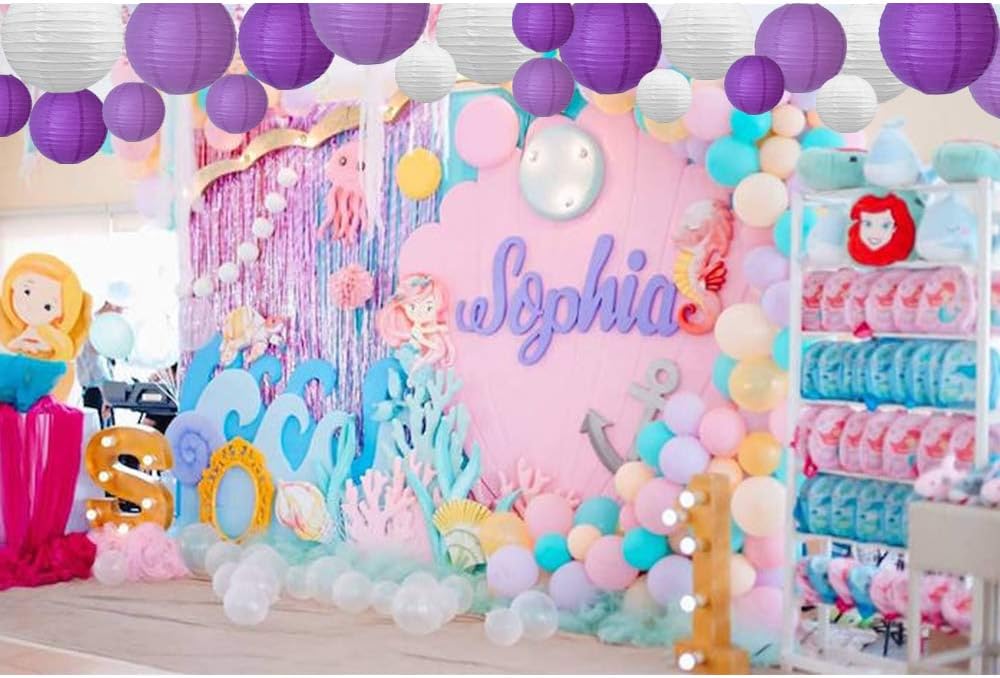 BEISHIDA 21 Pcs Lavender Purple White Round Paper Lanterns Decorative Hanging Asia Chinese Japanese Paper Lanterns Lamp for Halloween Birthday Wedding Baby Bridal Shower Home Decor Party Decoration