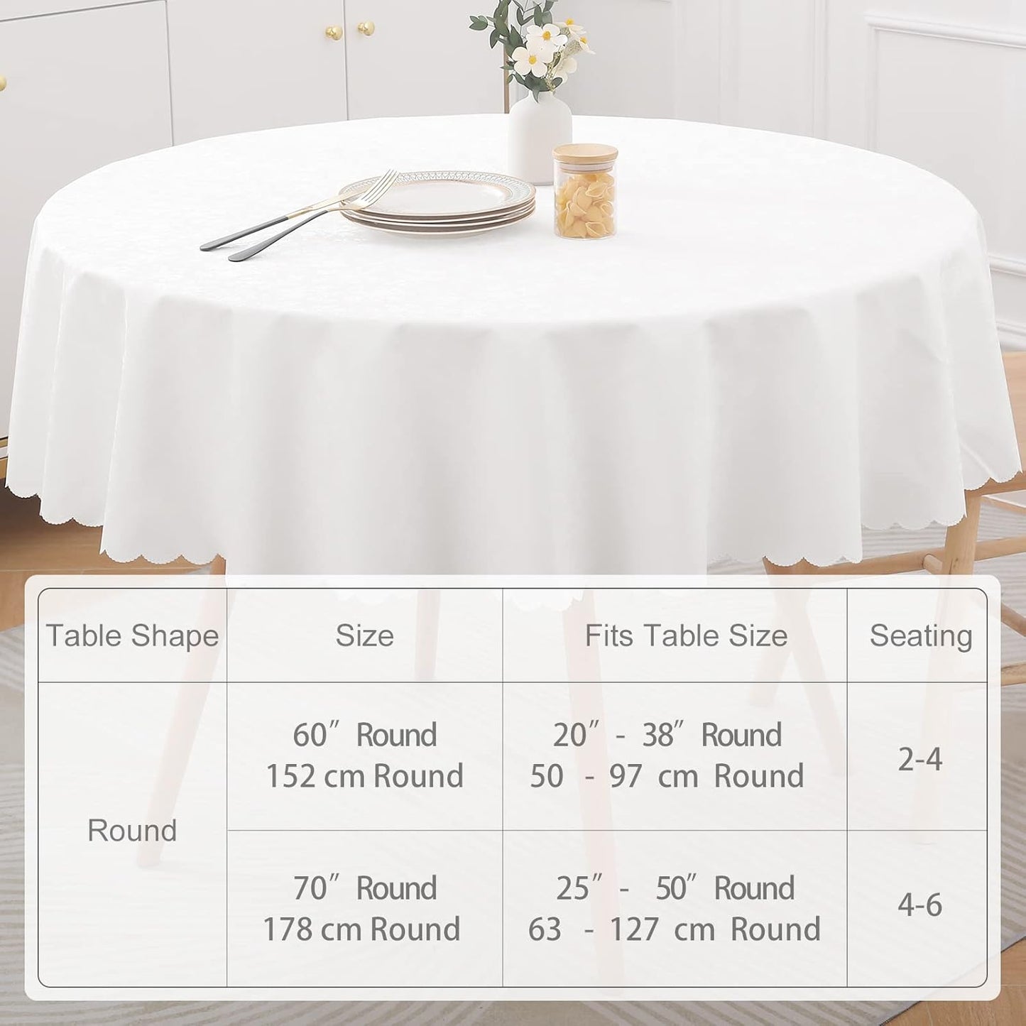 Smiry Round Table Cloth, Waterproof Heavy Duty Vinyl Tablecloths, Wipeable Washable Table Cover for Kitchen and Dining Room (White, 70" Round)