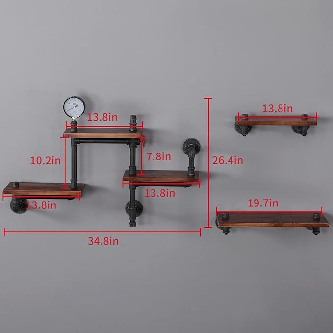 Industrial Floating Pipe Wall Shelves Rustic Wood Shelving, 5 Layer Pipe Design - Image 3