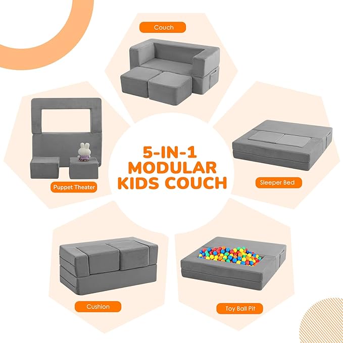 MeMoreCool Kids Play Couch Sofa – Grey Modular Convertible Foam Couch Soft - Image 4