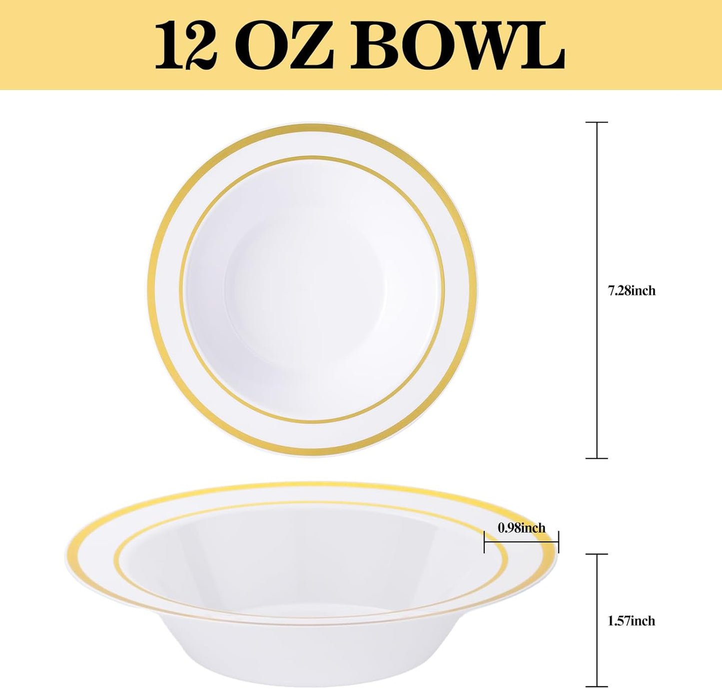 50 Pack Disposable Soup Bowls with Gold Rim,12oz Disposable Soup Bowls,Disposable Soup Dessert Salad Bowls for Wedding/Party/Catered Events