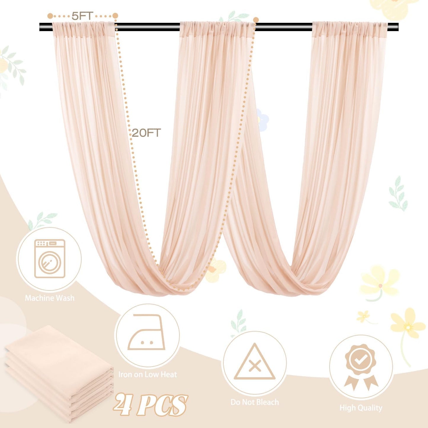FUHSY Ceiling Drapes for Weddings 4 Panels 5x20 FT Champagne Chiffon Fabric Drape Sheer Backdrop Curtains for Bridal Wedding Arch Draping Fabric Tent Ceiling Curtains Hanging Kit for Bedroom Canopy