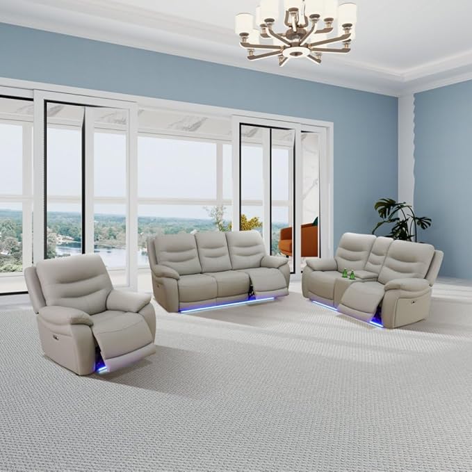 Power Recliner Sofa Set with LED, Air Leather Living Room Furniture Set - Image 7