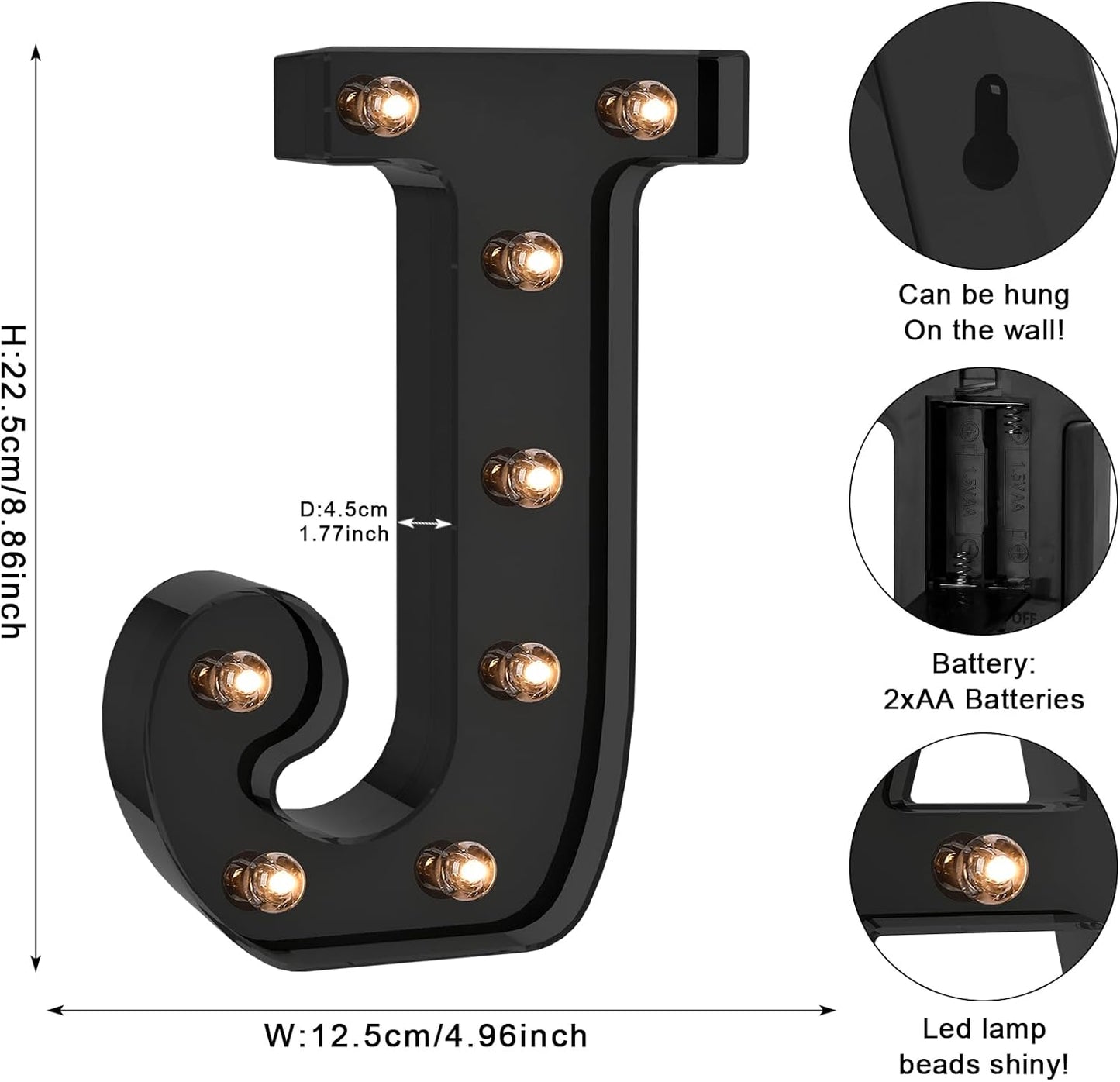 Foaky Black LED Letter Lights for Room Decor - Bedroom Wall Decor, Alphabet Lights for Home, Wedding, Party - Battery Operated （J）