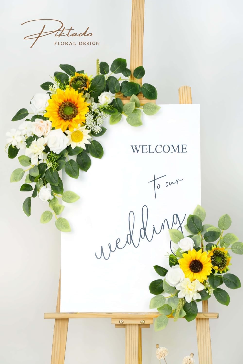 Wedding Decor (Pack of 2) Welcome Sign Flower Backdrop Garland for Ceremony Reception Wall Easel Home Decoration Entryway Faux Outdoor Board Head Table Decor (Sunflower)