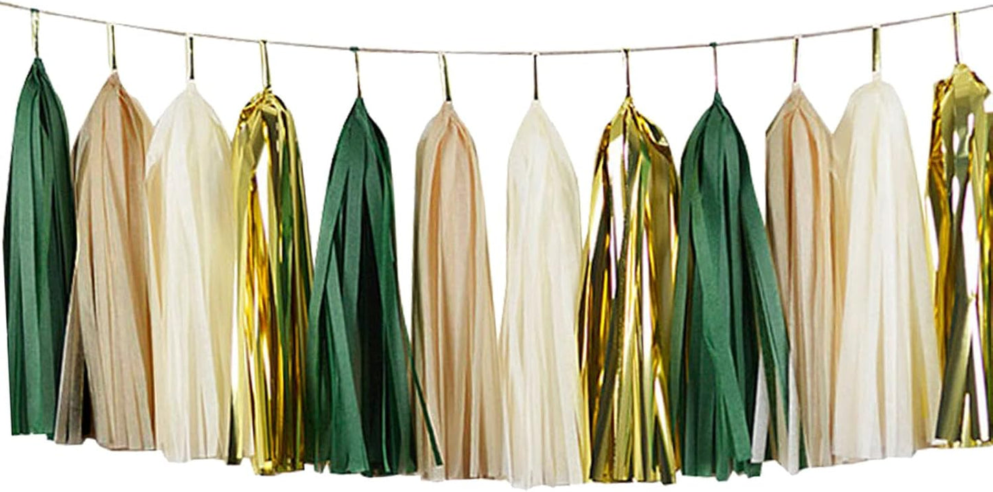 Shiny Tassel Garland Tissue Paper Tassel Banner,Table Decor,Tassels Party Decorations Supplies for Wedding,Birthday,Bridal/Baby Shower,DIY Kits,Pack of 20 - (Green/Beige/Gold/Khaki)