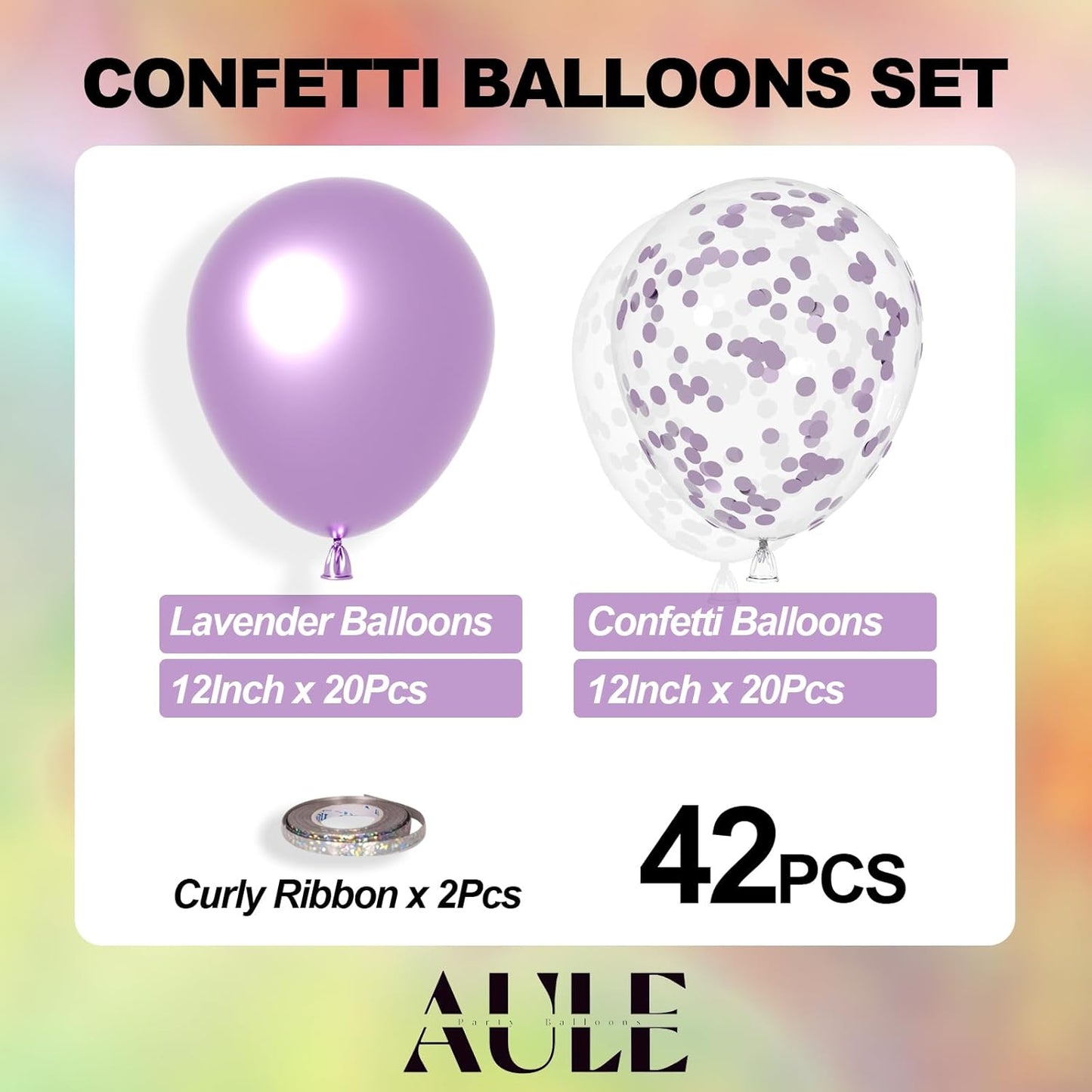 AULE Party Balloons Pack of 42 - Metallic Lavender Balloons and Confetti Latex Helium Balloons With 64ft Ribbons - 12 Inch Lilac Chrome Balloon Decoration Set