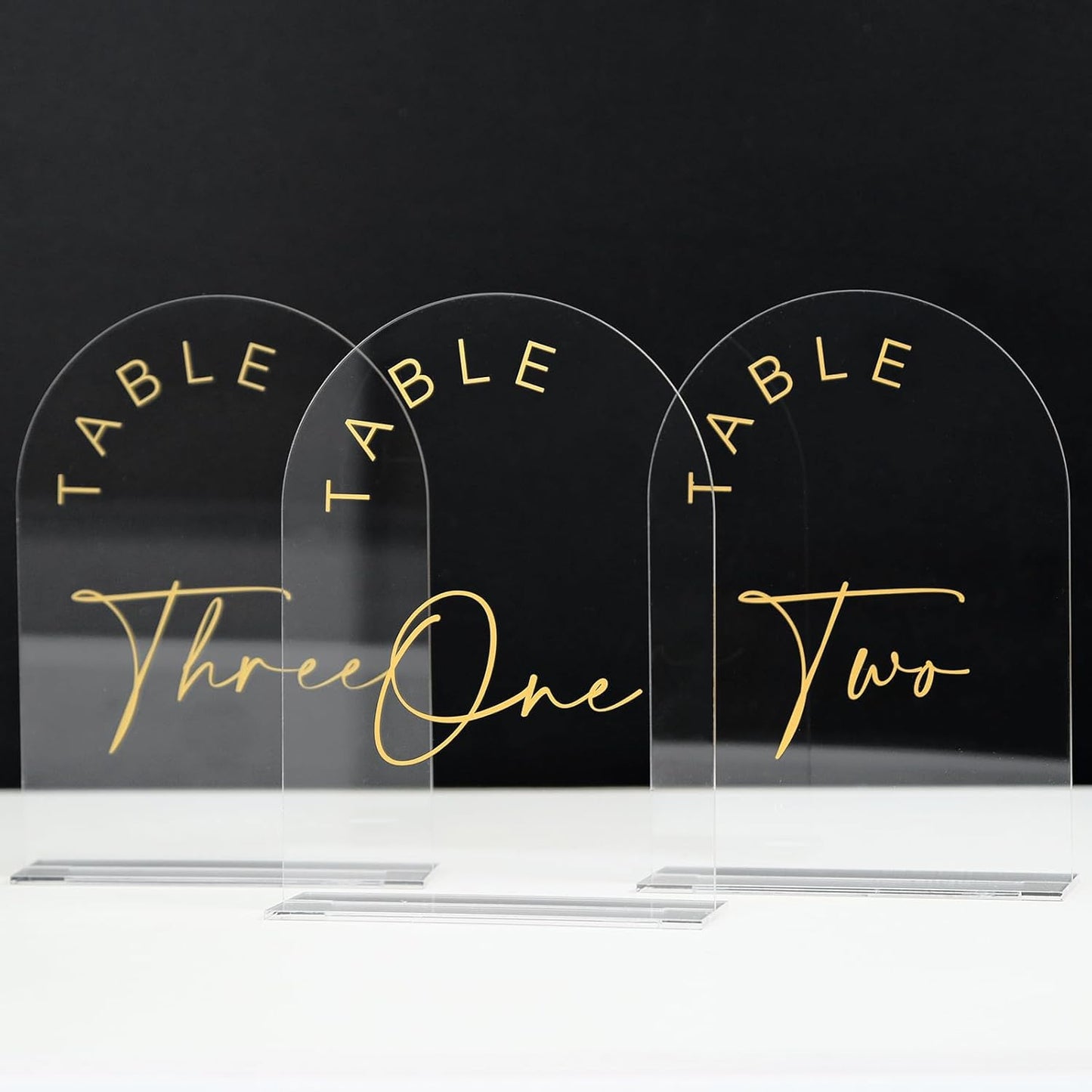 JINMURY Acrylic Arch Table Numbers with Stands, 5x7 Inch Acrylic Arch Sign Table Numbers for Wedding (Clear Gold Font, 1-10)