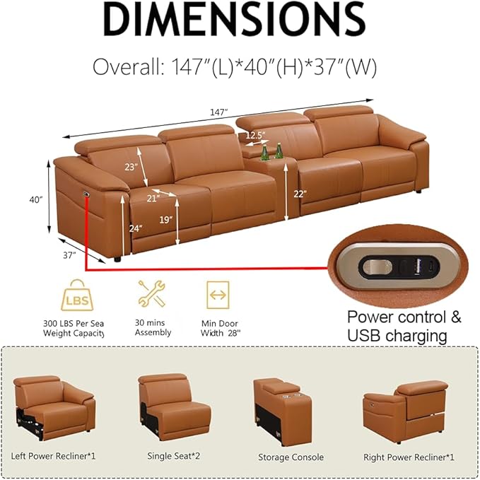 Power Recliner Sofa Set, Reclining Sectional Sofa Couch - Image 2
