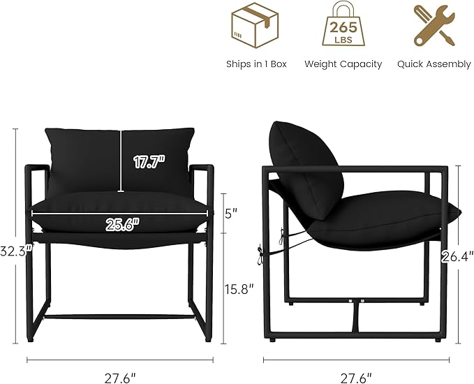 Kromax Sling Accent Chair, Cozy Living Room Chairs, Square Metal Frame - Image 2