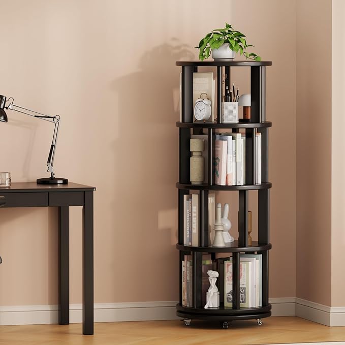Muwuele Solid Wood Rotating Bookshelf on Wheels, 4 Tier, Round Revolving - Image 9